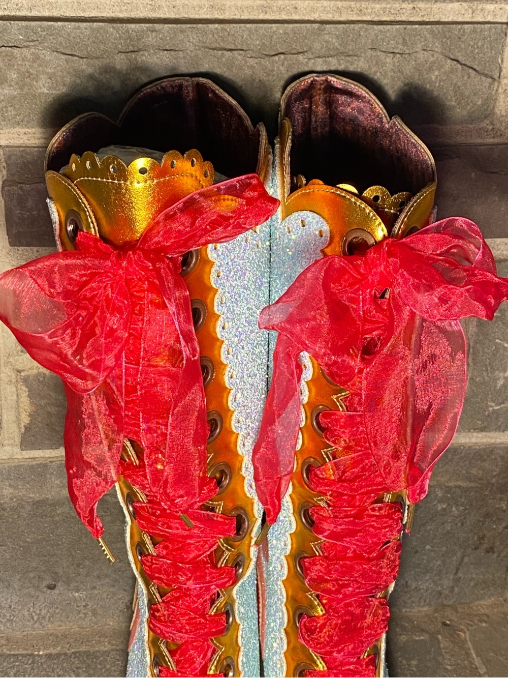 Irregular Choice sparkly Can-Can boots,hot pink patent,sky blue glitter,ribbon - Picture 12 of 16